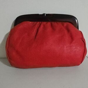 Vintage Genuine Leather Red Brown Tortoise Clasp-Top Women's Clutch Purse